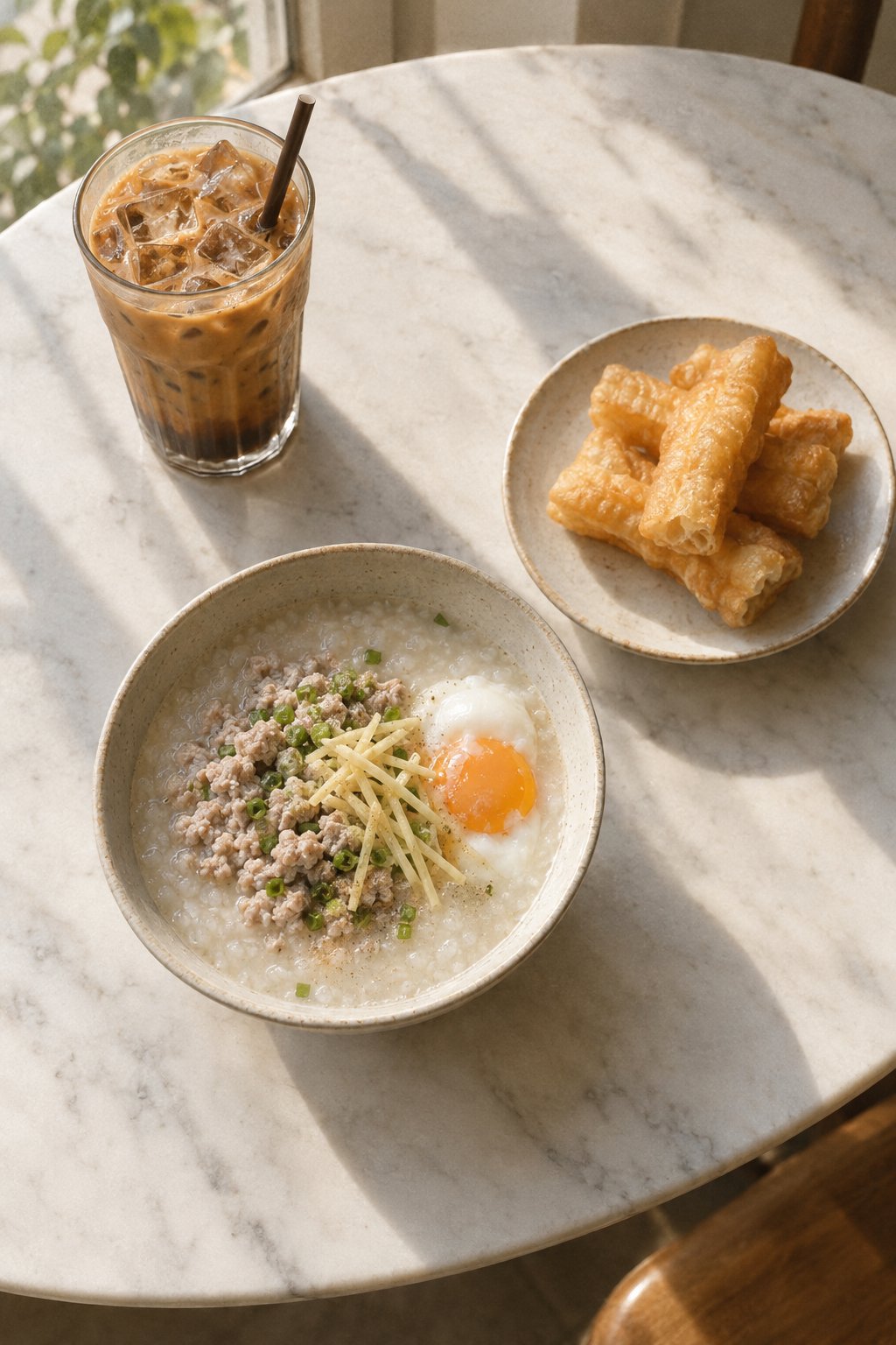 โจ๊กหมูสับในชามเซรามิก ปาท่องโก๋ และกาแฟเย็นบนโต๊ะหินอ่อน