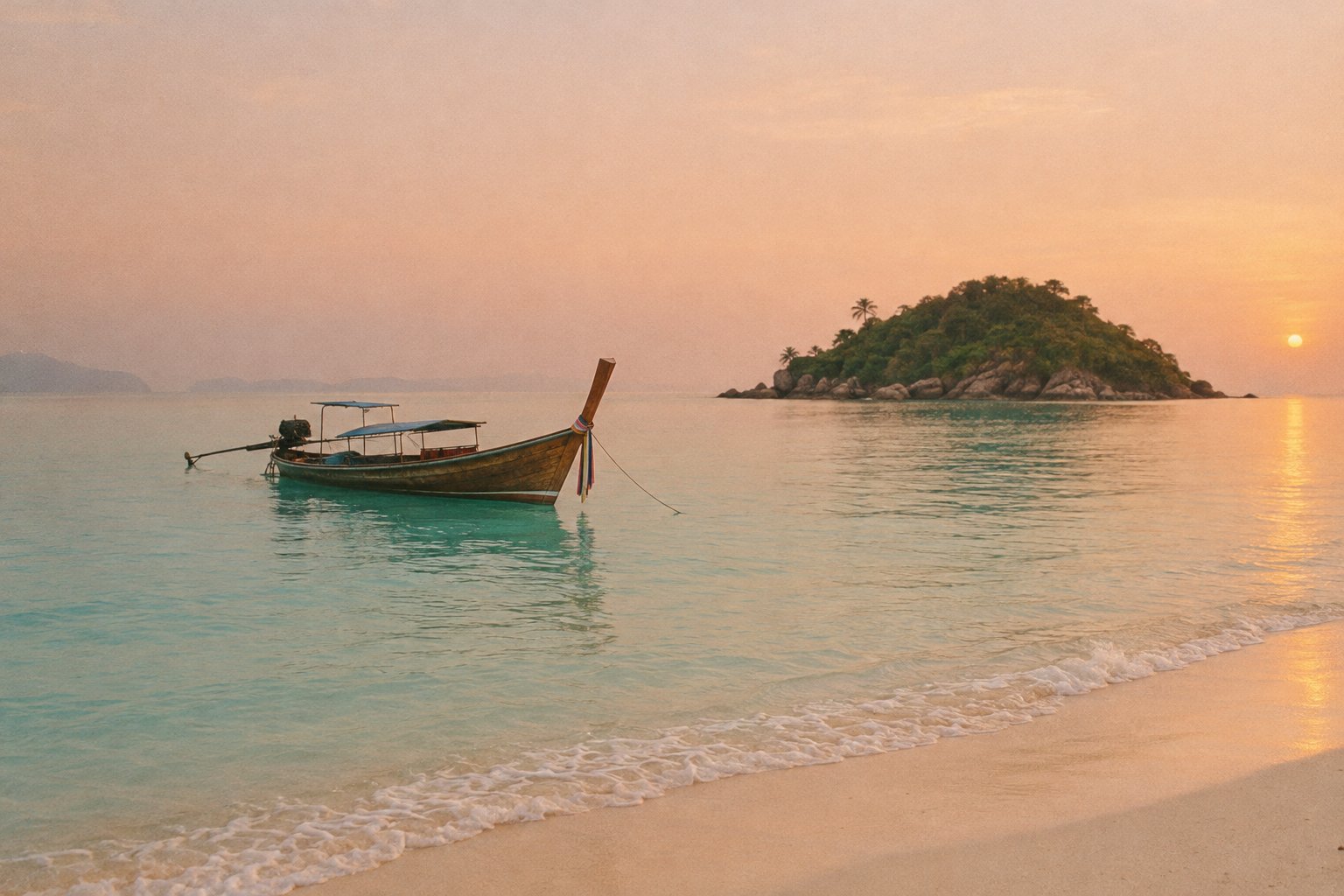 เรือหางยาวจอดบนชายหาดยามเย็น