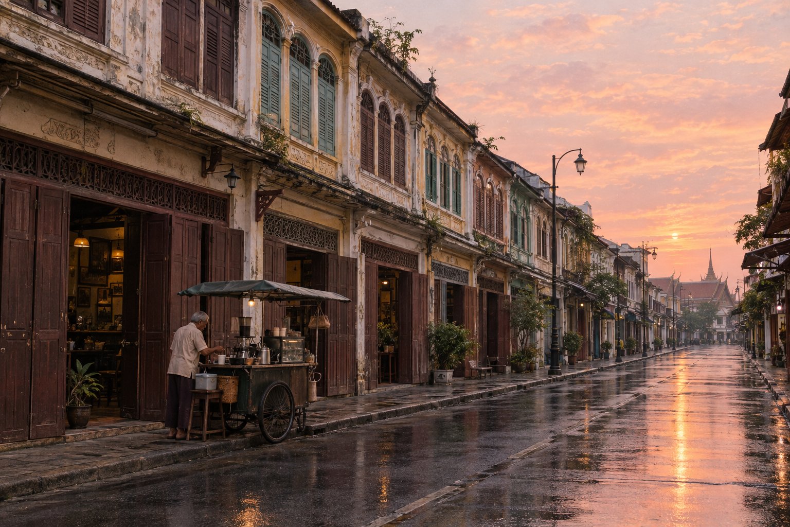 ถนนย่านเมืองเก่ากรุงเทพฯ ยามรุ่งสาง ตึกแถวเก่าและรถเข็นกาแฟ